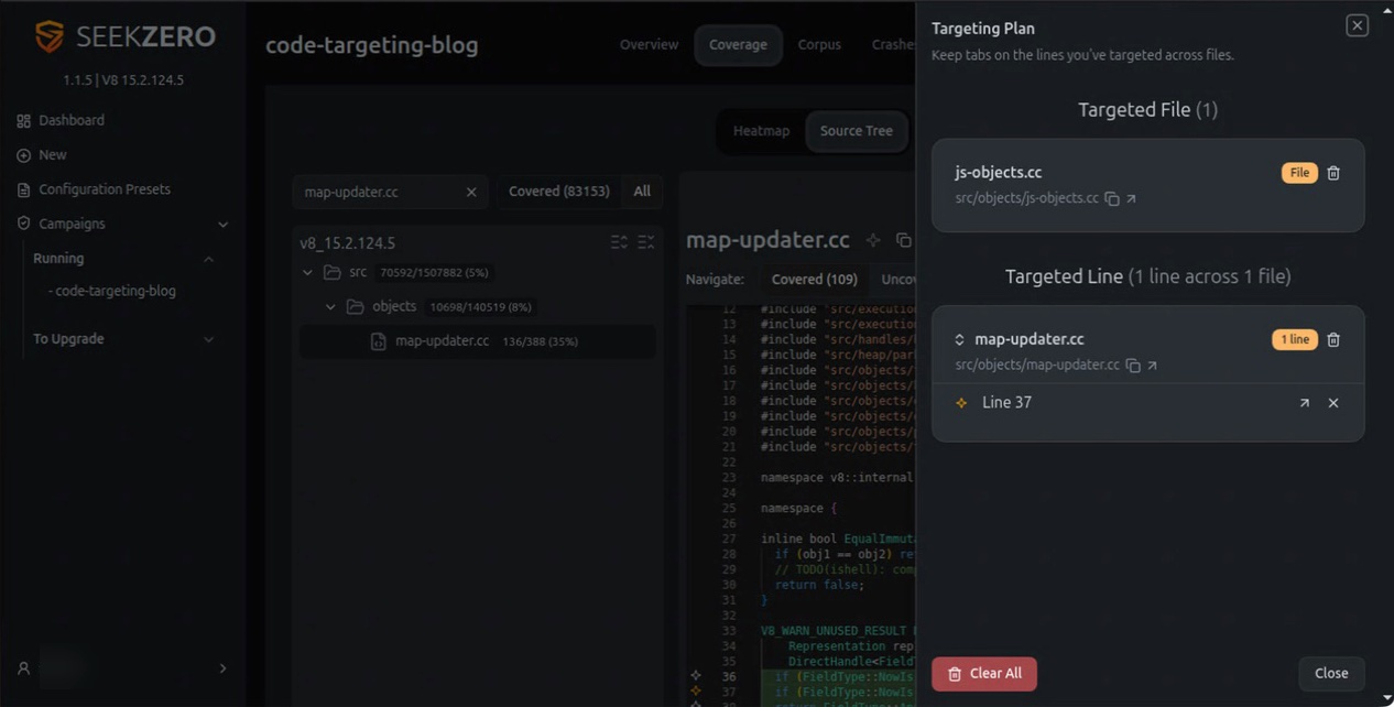 Campaign-level Code Targeting with a source file and a source line