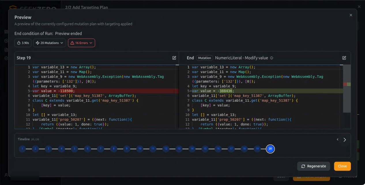 A generated JavaScript variant in the targeted Mutation Plan preview