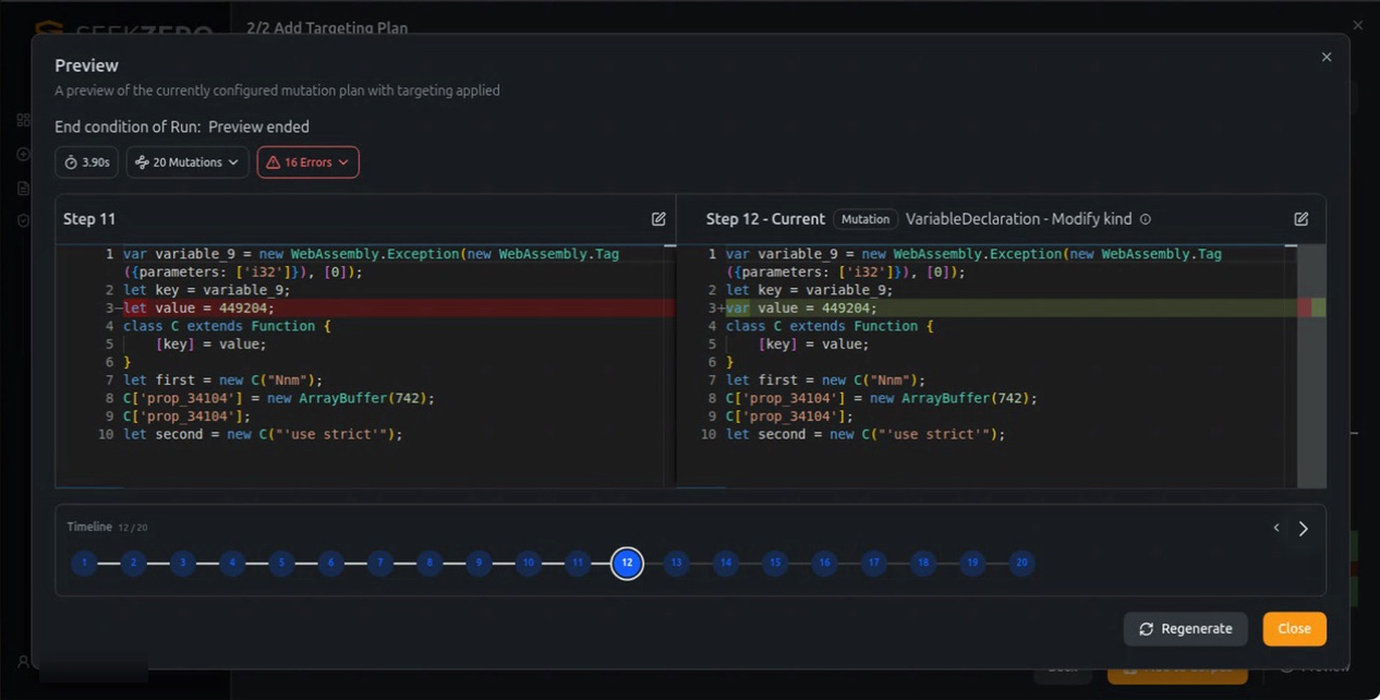 Mutation timeline showing changes applied to the JavaScript sample